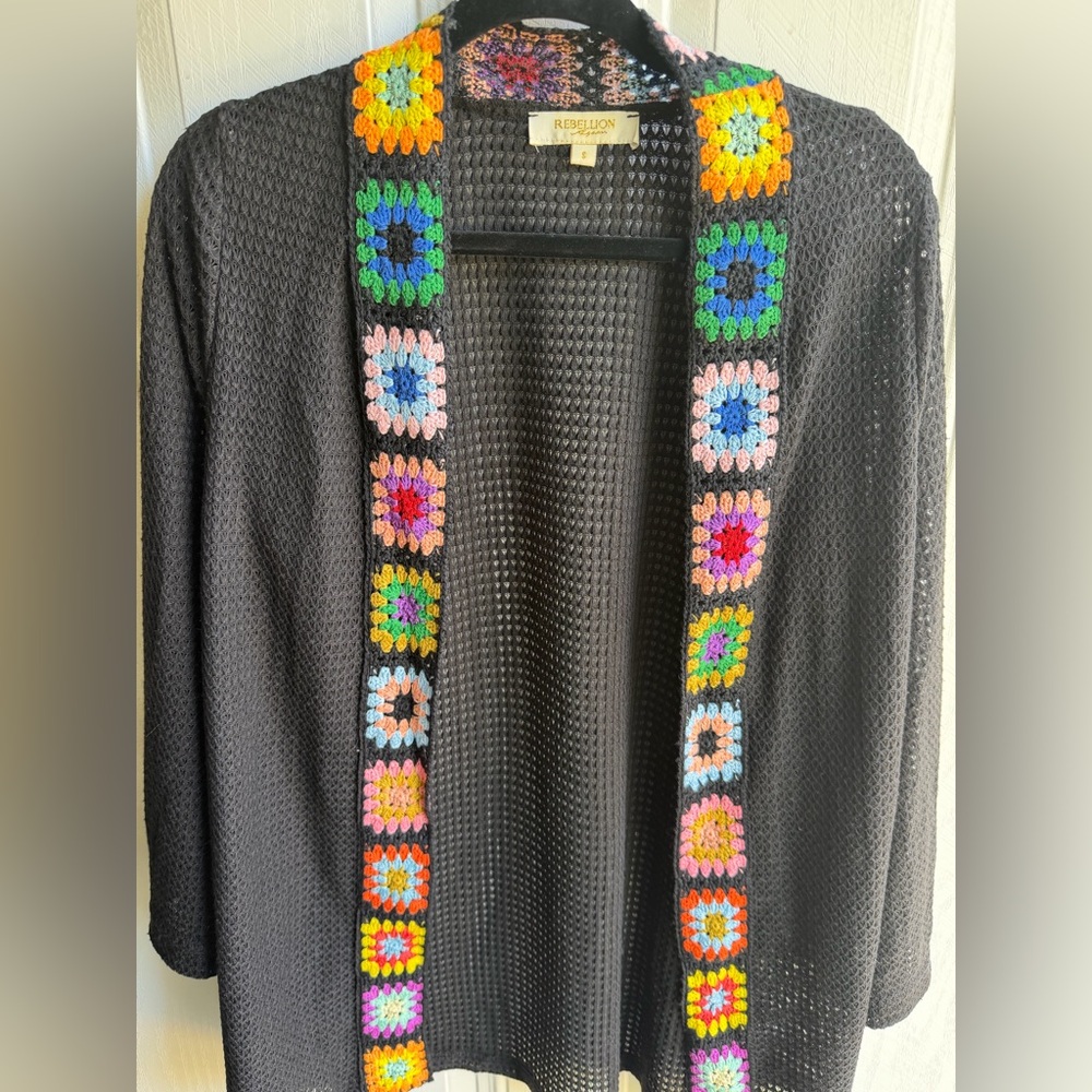 Rebellion Black Crochet-Trim Open Cardigan with Multicolor Granny Squares - Picture 3 of 6